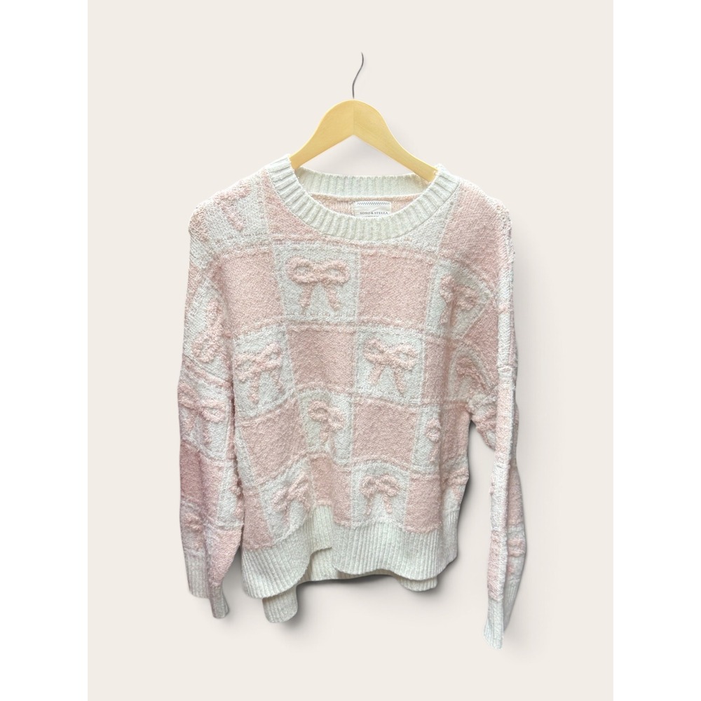 Soho & Stella Pink Cream Checkered Bow Knit Sweater Womens Size Medium EUC
